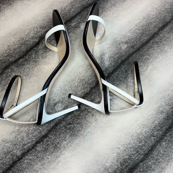 Jimmy Choo Minny 85 mm Lizard Mini Printed Leather Black White Mix Sandal Heels - Picture 6 of 12